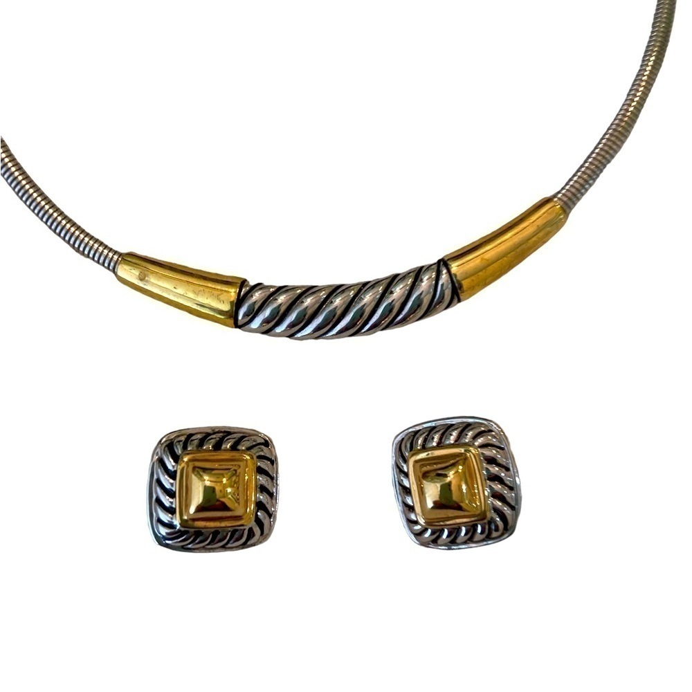 Vintage 1990’s gold-tone/silver-tone necklace & clip-on earrings set twisted